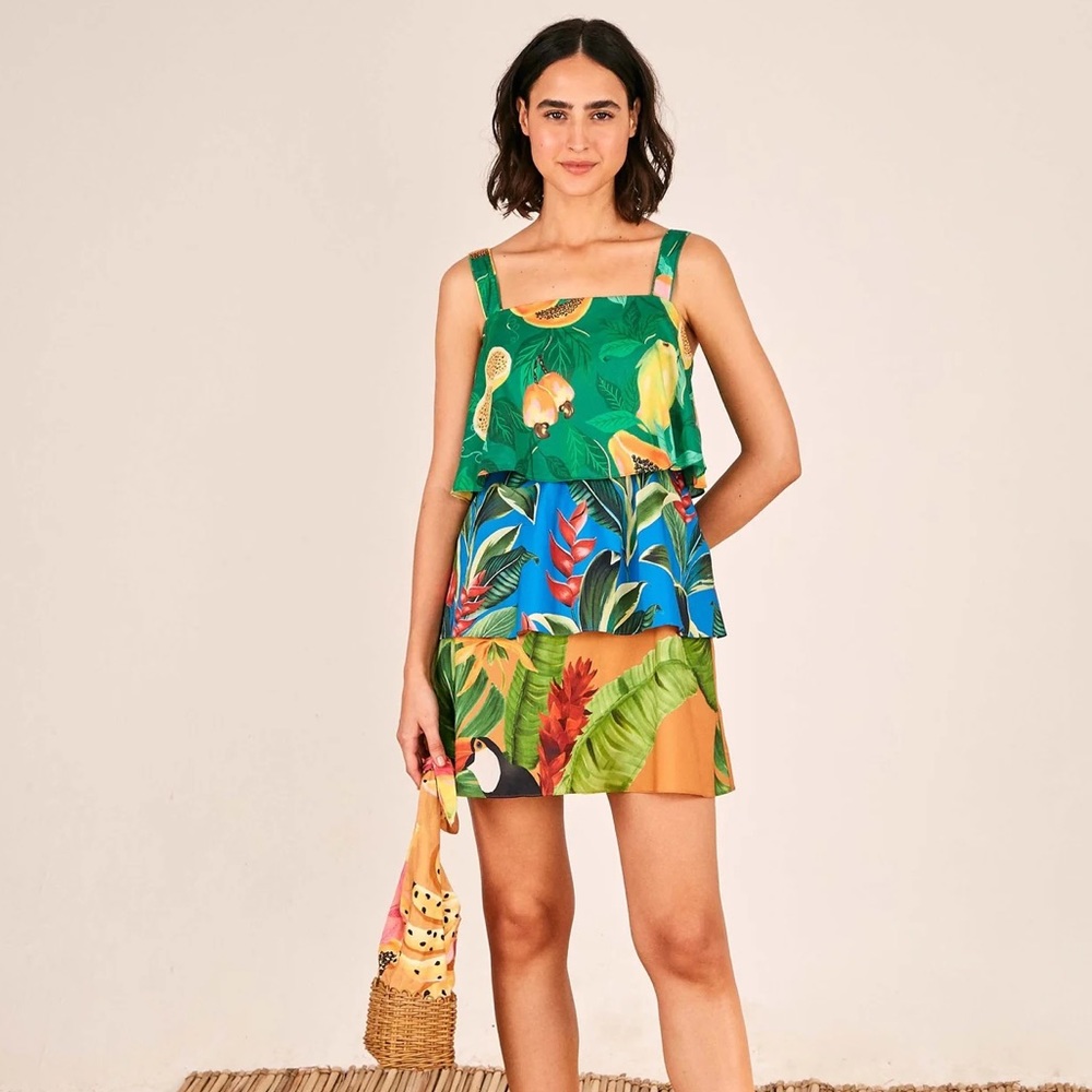 FARM RIO Mixed Prints Tiered Tropical Organic Cotton Mini Dress